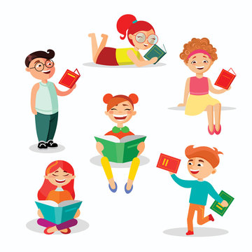 Children reading books set of vector illustrations in flat design. Happy girls and boys with books isolated on white background.