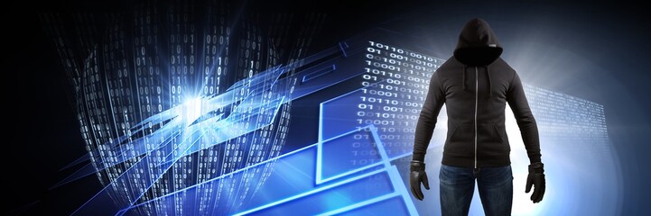 Anonymous hacker with computer code binary interface