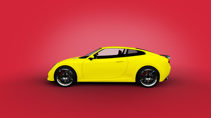 yellow sports car on red background, photorealistic 3d render, generic design, non-branded