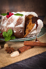 Fresh Homemade dry fruit cake sprinkled with icing sugar