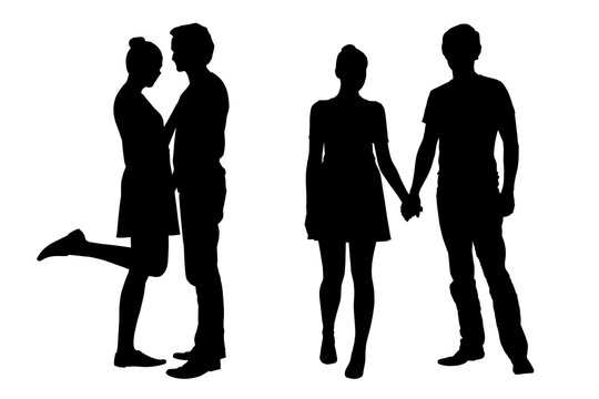 Set of vector silhouettes of a couple of young lovers