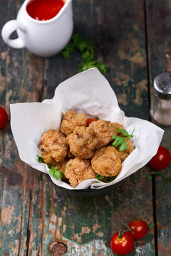 Vietnamese food. Delicious homemade fish balls on wooden table.