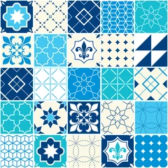 Foto auf Acrylglas Seamless blue vector tile pattern, Azulejos tiles, Portuguese geometric and floral design - colorful patchwork © redkoala