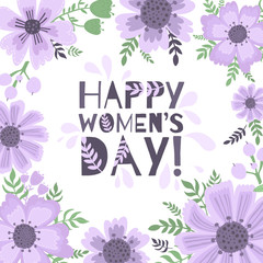 Banner of the International Women's Day. Postcard on March 8 with a decor of flowers, plants and leaves.