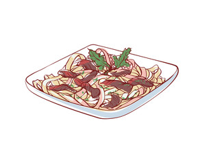 Noodles with meat icon isolated on white background. Chinese cuisine dish label, asian restaurant menu element, famous oriental food vector illustration.