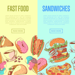 Fast food flyers with sandwich, muffin, ice cream, taco, donut, hot dog, cup of coffee, pizza and hamburger sketches. Restaurant takeaway menu, delicious street food advertising vector illustration.