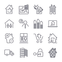Real estate thin icons. Handshake, contract, bilding, bathroom, house and other. Icon set with editable stroke