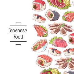 Japanese food poster with asian cuisine dishes. Octopus, oysters, tuna, nigiri, sushi roll with shrimps, sashimi with salmon, soup with seafoods vector illustration. Oriental restaurant menu design.