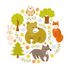 Cute cartoon forest animals vector illustration
