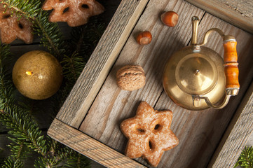 Top view of christmas tree branches and wooden box