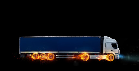 Super fast delivery of package service with a truck with wheels on fire