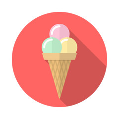 Ice cream cone circle icon with long shadow. Flat design style. Ice cream simple silhouette. Modern, minimalist, round icon in stylish colors. Web site page and mobile app design vector element.