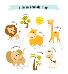 African animals vector map with trees and animal footprints
