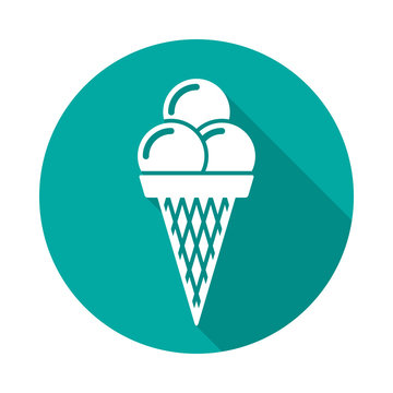 Ice cream cone circle icon with long shadow. Flat design style. Ice cream simple silhouette. Modern, minimalist, round icon in stylish colors. Web site page and mobile app design vector element.