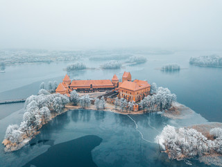 Fototapeta na wymiar Trakai Island Castle, winter season, aerial view. History Museum.
