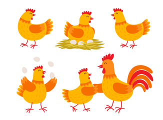 Happy hen cartoon character in different poses isolated on white background. Hen and rooster vector flat illustration. Cute and funny colorful set of egg-laying hens. Chicken with eggs.