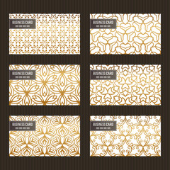 Business card set. Golden foil decorative elements. Ornamental floral cards with ornate patterns. Islamic, arabic, indian, turkish, pakistan, chinese, japanese, asian motifs. Vector illustration.