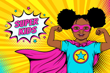 Wow face. Cute surprised afro american black little girl dressed like superhero shows her power and Super Kids speech bubble. Vector illustration in retro pop art comic style. Party invitation poster. - 191316965