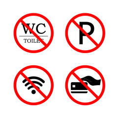 Parking icon. WC icon. Credit card icon. Wi-Fi icon. No Parking. No WC. No Credit card. No Wi-Fi.