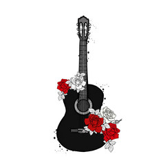 Fototapeta premium Acoustic guitar and roses. Bouquet of flowers. Vector illustration.