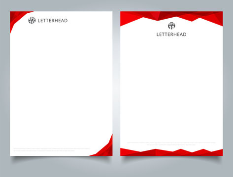 Abstract Creative Letterhead Design Template Red Color Geometric Triangle Overlay On White Background.