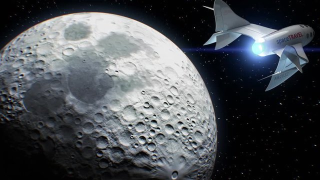 Fictional spaceplane on orbit of Moon, concept of spaceship for space tourism, 3d animation. Texture of the Moon was created in the graphic editor without photos and other images.