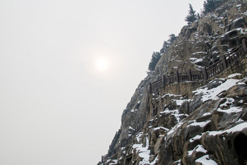 Wood Walkway on the mountain of snow. In the winter months