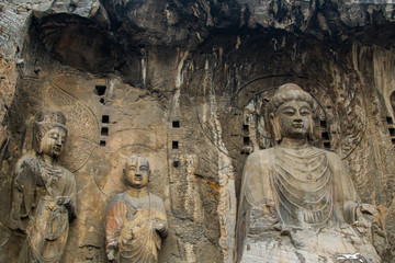 Close-up Stone Buddha Statue Carved from the mountains.