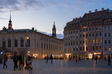 city scene - illuminated Neumarkt Dresden in the evening