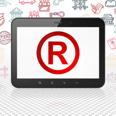 Law concept: Tablet Computer with  red Registered icon on display,  Hand Drawn Law Icons background, 3D rendering