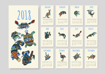 Calendar with tribal australian animals for year 2018. Calendar with cute stylized animals on white background.