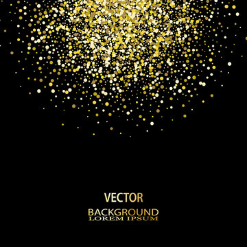 Gold confetti glitter on black background. Abstract gold dust glitter background. Golden explosion of confetti.