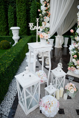 Wedding decoration colorful white on the grass background.