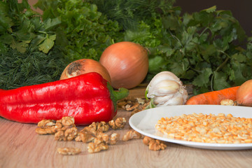 Healthy eating - healthy food on table - on wooden background
