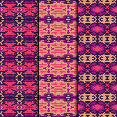 Set of 3 seamless patterns winter design. Pixel textile prints. Vector fashion backgrounds.