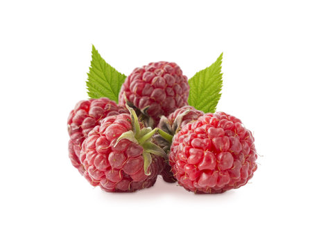 Raspberries with leaves isolated on white. Raspberry close-up. Vegetarian or healthy eating. Juicy and delicious raspberries on a white background.