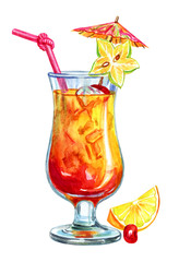 Cocktail of tropical fruits, watercolor illustration on white background, isolated.