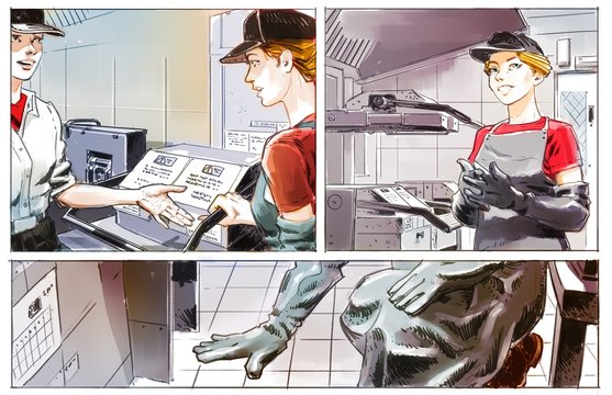 staff in a fast food cafe, graphic illustration