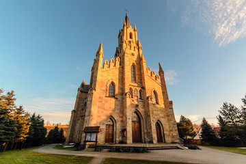 Fototapeta na wymiar Gothic Saint Jacek stone church in Chocholow, bottom view.