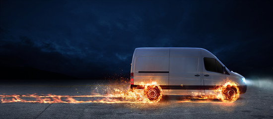 Super fast delivery of package service with van with wheels on fire - obrazy, fototapety, plakaty