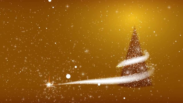Christmas tree, blizzard, stars, snowfall, golden background for New Year project. 