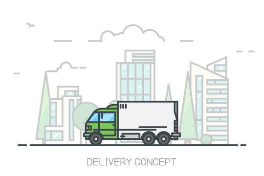City delivery truck driving on freeway. Urban background, skyscrapers and buildings, park and trees. Delivery concept with city background. Modern line vector illustration. Cargo transportation van.