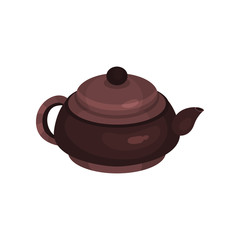 Brown ceramic teapot, tea ceremony element cartoon vector Illustration