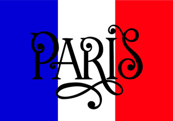 Handwritten inscription Paris on colors of the national flag of France. Hand drawn lettering. Calligraphic element for your design. Vector illustration for t-shirts, postcards or poster