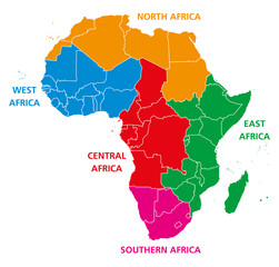 Regions of Africa. Political map. United Nations geoscheme with single countries. North, West, Central, East and Southern Africa in different colors. English labeling. Illustration over white. Vector. © Peter Hermes Furian