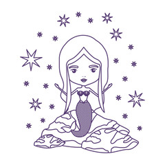 mermaid in a rock with stars in purple contour over white background vector illustration