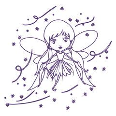 girly fairy flying with wings and pigtails hairstyle and stars in purple contour over white background vector illustration