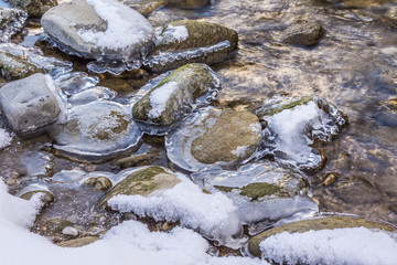 Schnee und Eis an den Steinen im Fluss