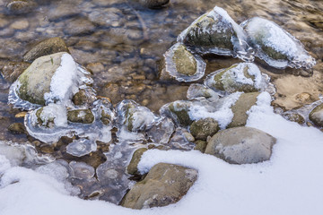 Schneebedeckte Steine im Fluss