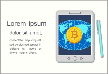 Concept of world online currency bitcoin on tablet screen. Vector